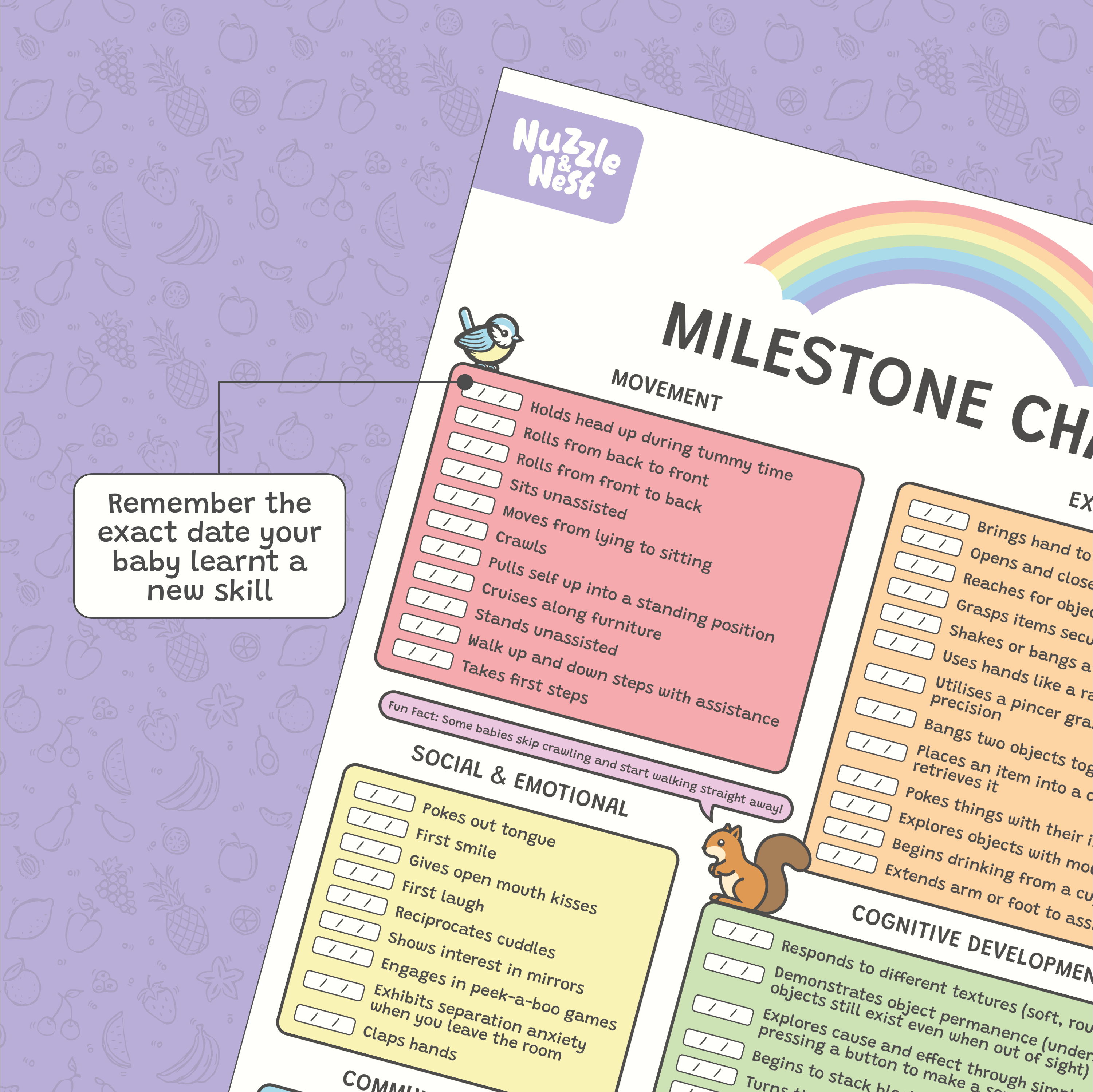 Milestone chart for tracking baby development with colorful design on a purple background