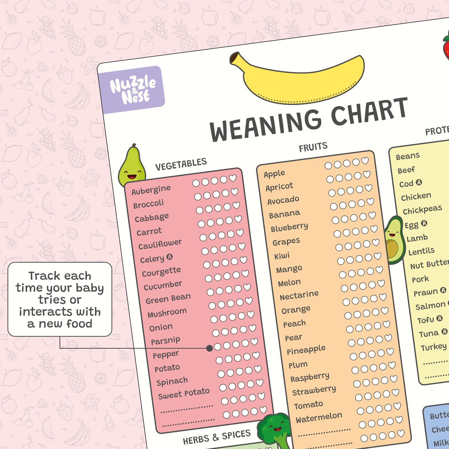 Weaning chart with fruits, vegetables, and herbs/spices on a pink background