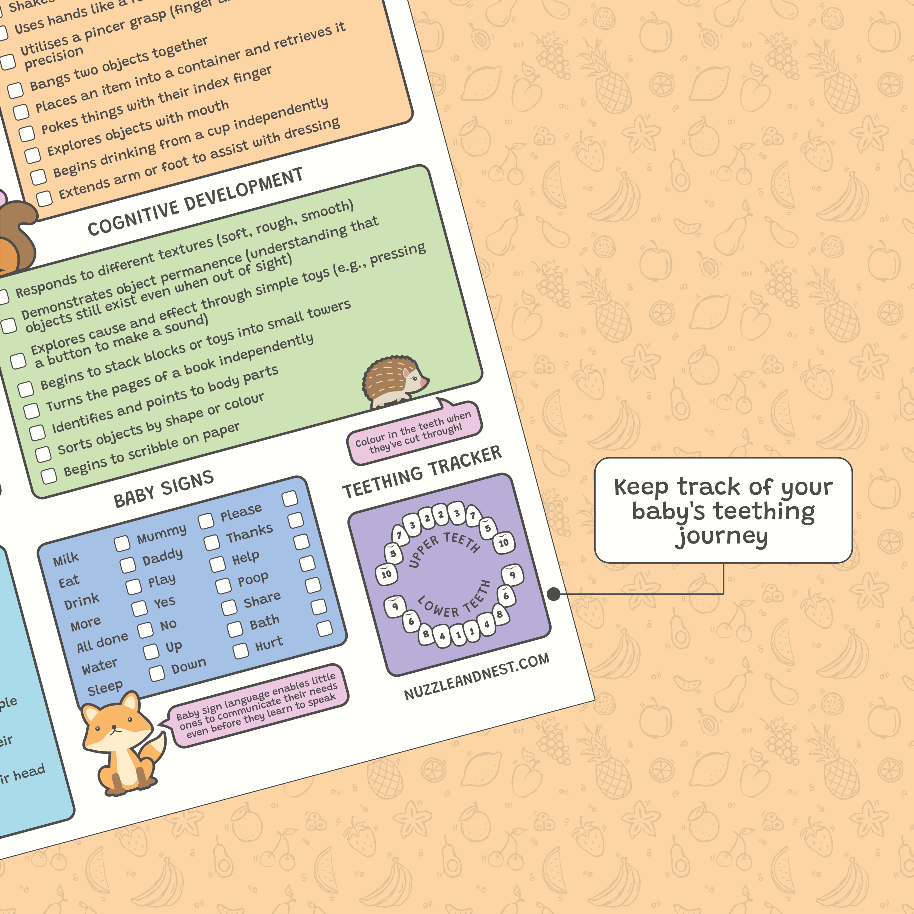 Baby development tracking chart on a beige background with text and graphics.