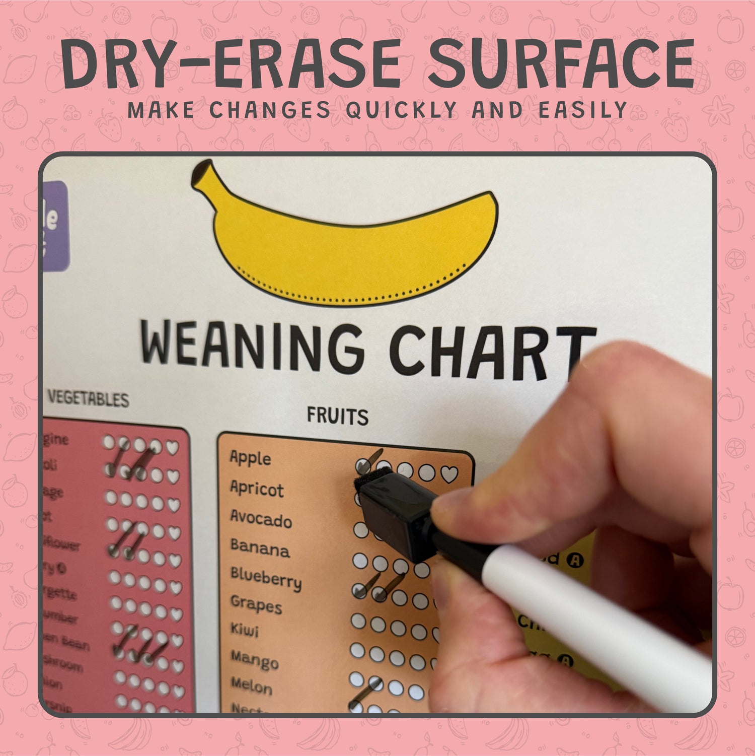 Dry-erase weaning chart with a hand using a marker on a pink background