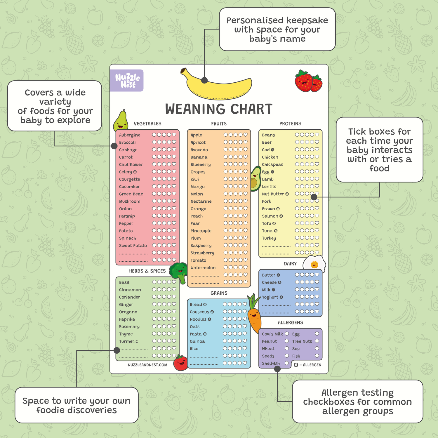 Baby weaning chart with colorful sections for different food groups on a green background.