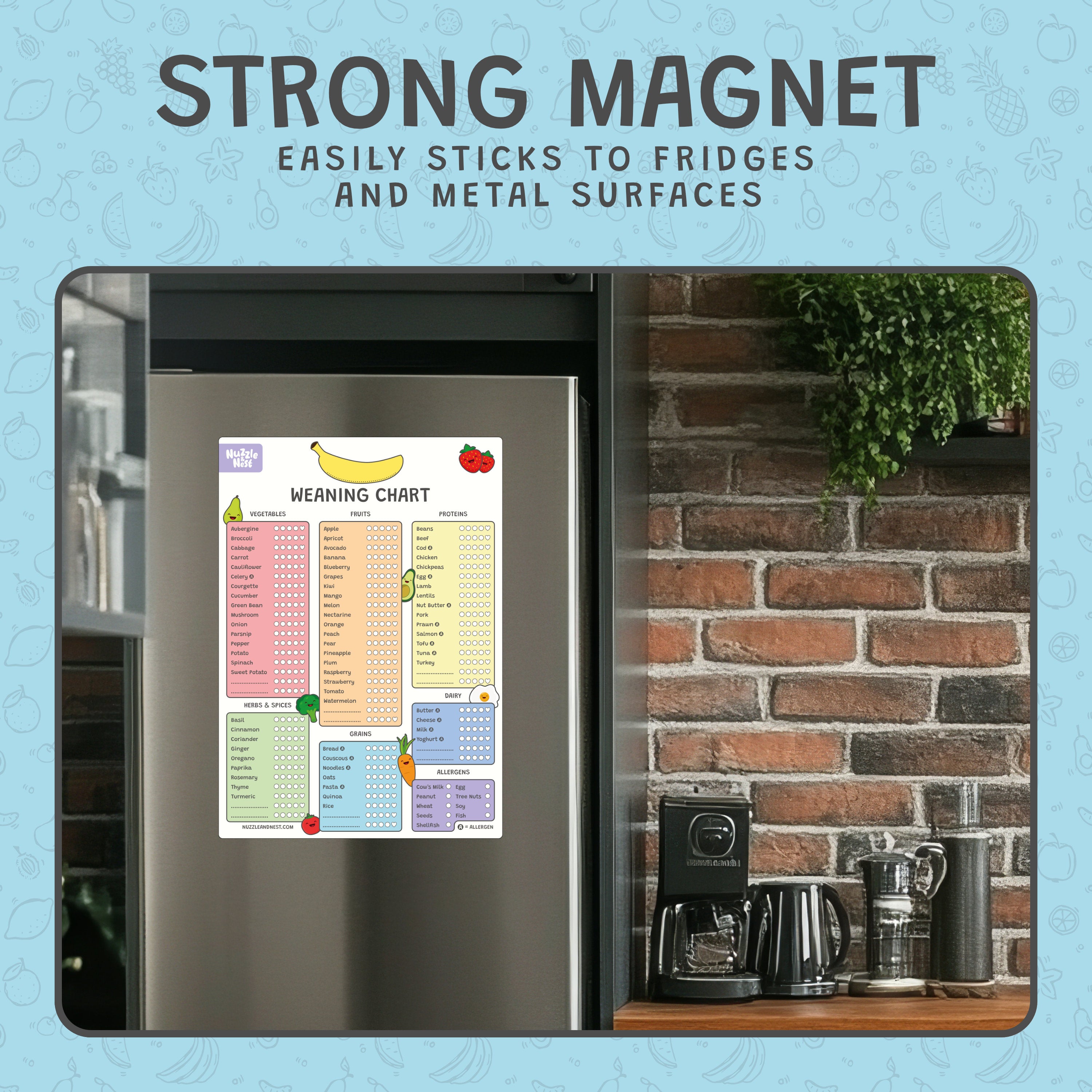 Fridge with a colorful chart attached, text indicating strong magnet&
