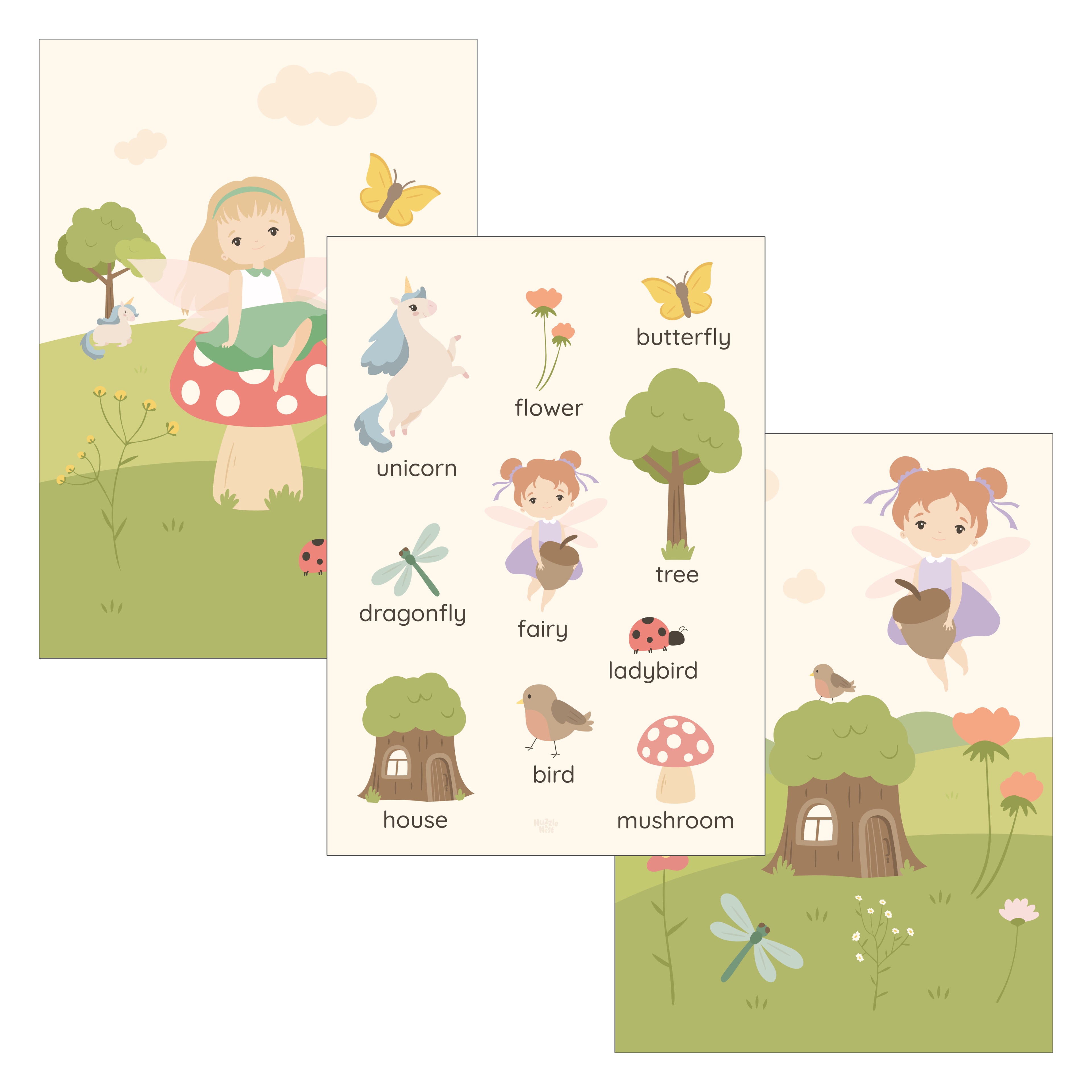Set of whimsical prints with fairy-themed illustrations and words on a white background