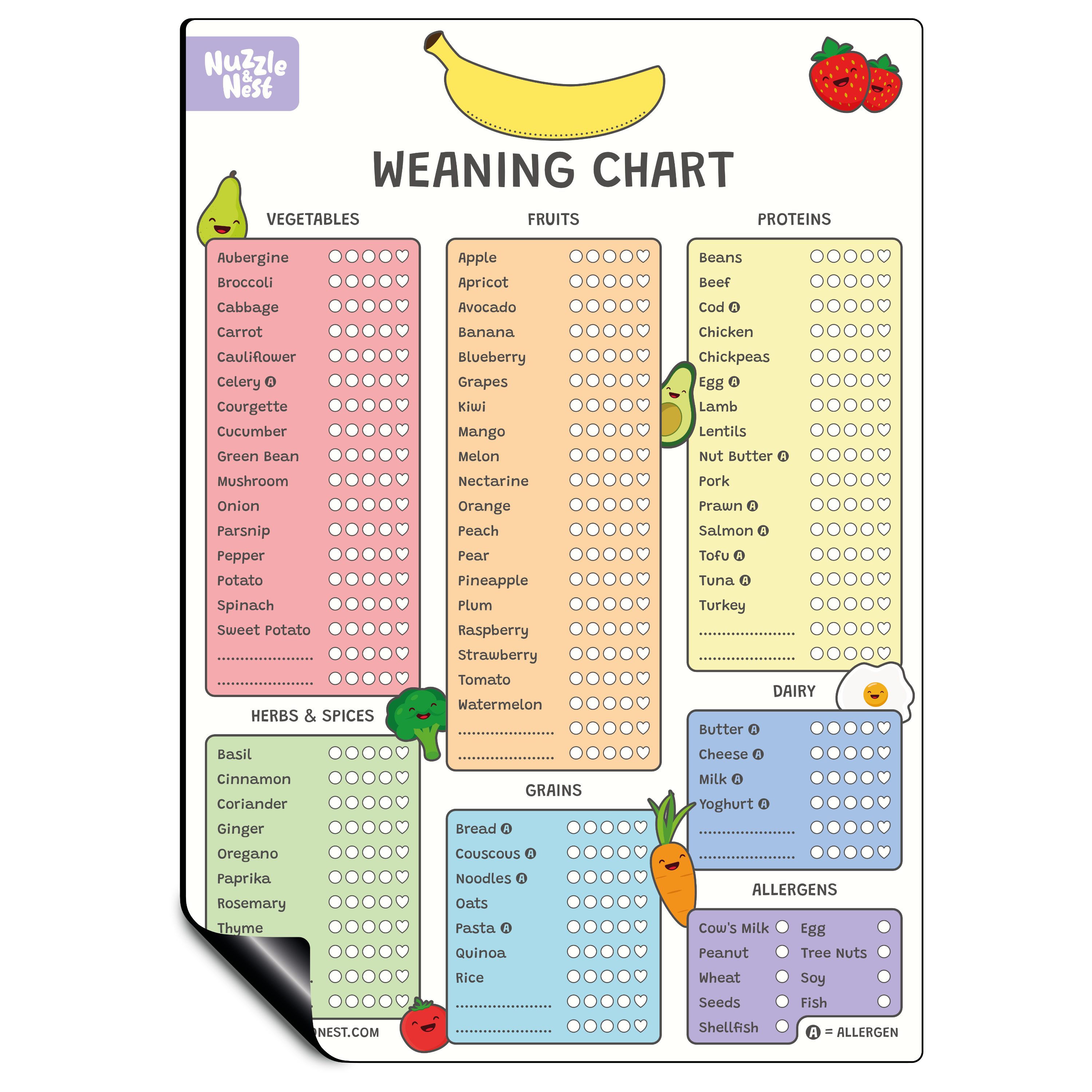 Weaning chart with colorful sections for vegetables, fruits, proteins, and more on a white background.