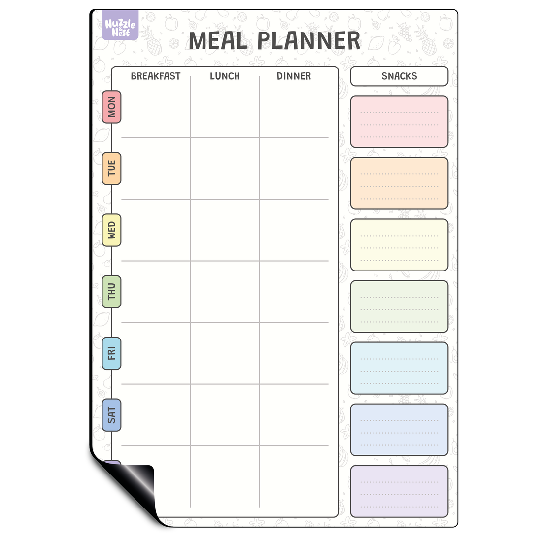 Meal planner with color-coded days of the week and sections for breakfast, lunch, dinner, and snacks.