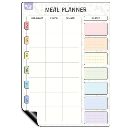 Meal planner with color-coded days of the week and sections for breakfast, lunch, dinner, and snacks.