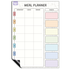 Meal planner with color-coded days of the week and sections for breakfast, lunch, dinner, and snacks.